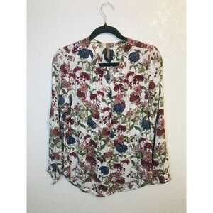 Brina & Em Long Tab Sleeve V-Neck Floral Tunic Blouse, Size XS